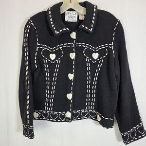 Vtg 1996 Michael Simon Heart Knit Cardigan Sweater Black White Petite S